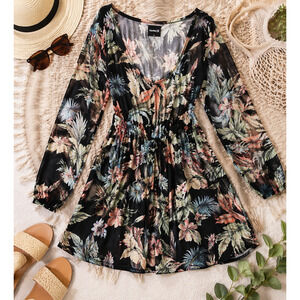 Hurley Tropical Print Mini Dress Black Floral Long Sleeve Beach Resort: Large